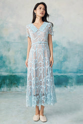 Blue Ankle Length V-neck Lace Dress with Short Sleeves